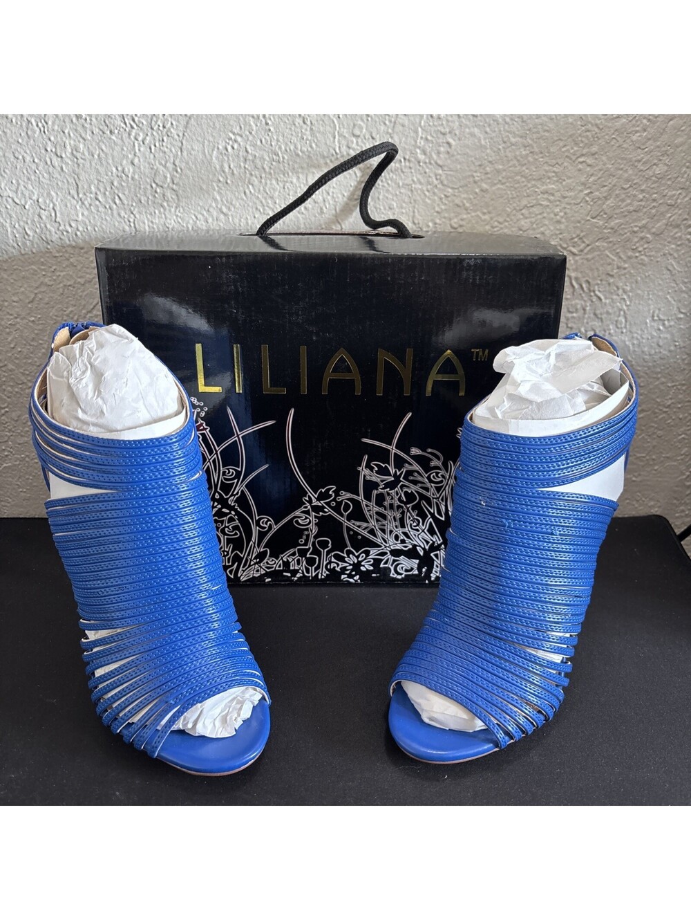 Liliana Nikia-9 Blue Caged Peep Toe Stiletto Sandal Heels Boots Women's Size 6.5
